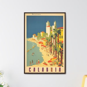 Calabria Italy Vintage Travel Poster | Scenic Coastlines and Italian Cuisine Art Download | Mid Century Wall Art | Canvas Framed Wall Art