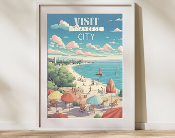 Traverse City Michigan Travel Poster, Vintage Inspired Wall Art, Great Lakes Home Decor, Minimalist Artwork, Premium Matte Poster, Art Print