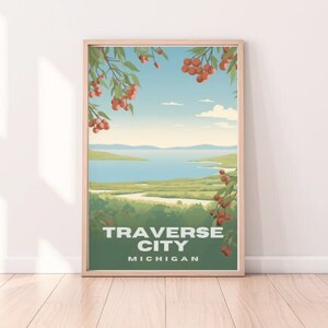 Pôster de viagem Traverse City Michigan Cherries, arte de parede inspirada no vintage, decoração de casa dos Grandes Lagos, download instantâneo