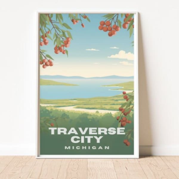 Traverse City Michigan Cherries Travel Printable Poster, Vintage Inspired Wall Art, Great Lakes Decor,  Instant Download, Digital Download