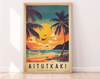 Op de afbeelding: Een vintage reisposter van Aitutkaki, Cook Eilanden, met een zonsondergangscène met palmbomen, een boot en vogels die in de lucht vliegen.