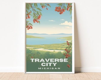 Traverse City Michigan Cherries Travel Printable Poster, Vintage Inspired Wall Art, Great Lakes Decor,  Instant Download, Digital Download