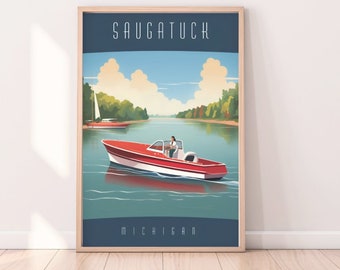 Saugatuck Michigan Travel Poster, Vintage Inspired Wall Art, Great Lakes Home Decor Unique Gift, Oval Beach Print, Premium Matte Poster