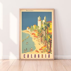 Calabria Italy Premium Matte Vintage Travel Poster | Scenic Coastlines and Italian Cuisine Art Download | Mid Century Wall Art |