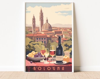 Poster di viaggio vintage Bologna Italia, arte della parete italiana per gli amanti dei viaggi e dei viandanti, cibo e vino italiano, DOWNLOAD IMMEDIATO
