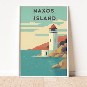 Affiche de voyage minimaliste de l'île de Naxos en Grèce | Téléchargement de la culture cycladique et de la cuisine grecque | Art mural élégant | Téléchargement instantané