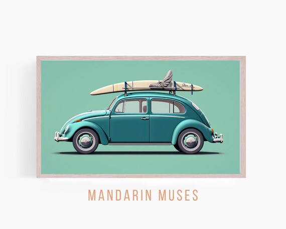 Turquoise Volkswagen Bug With Surfboard | Vintage Beach