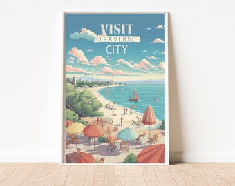 Traverse City Michigan Travel Poster, Vintage Inspired Wall Art, Great Lakes Home Decor Unique Gift for Travel Enthusiast Minimalist Artwork