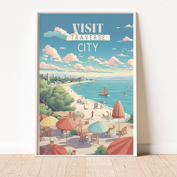 Traverse City Michigan Travel Poster, Vintage Inspired Wall Art, Great Lakes Home Decor Unique Gift for Travel Enthusiast Minimalist Artwork