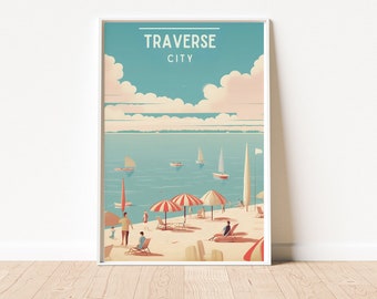 Traverse City Michigan Travel Poster, Vintage Inspired Wall Art, Great Lakes Home Decor, Unique Gift for Travel Enthusiast, Instant Download