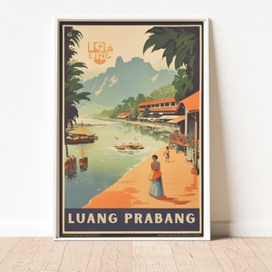 Luang Prabang Laos Vintage Travel Poster | Buddhist Temples and Night Markets Art Download | Mid Century Wall Art