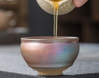 Tenmoku “Rainbow” Tea Cup – Traditional Craftsmanship, Unique Tea Bowl with Iridescent Effects, Ideal for Gongfucha & Espresso Coffee