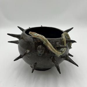 May include: A dark, round ceramic bowl with sharp, pointed protrusions. A green and tan snake winds around the rim. The bowl has a glossy, textured finish and a dark interior.