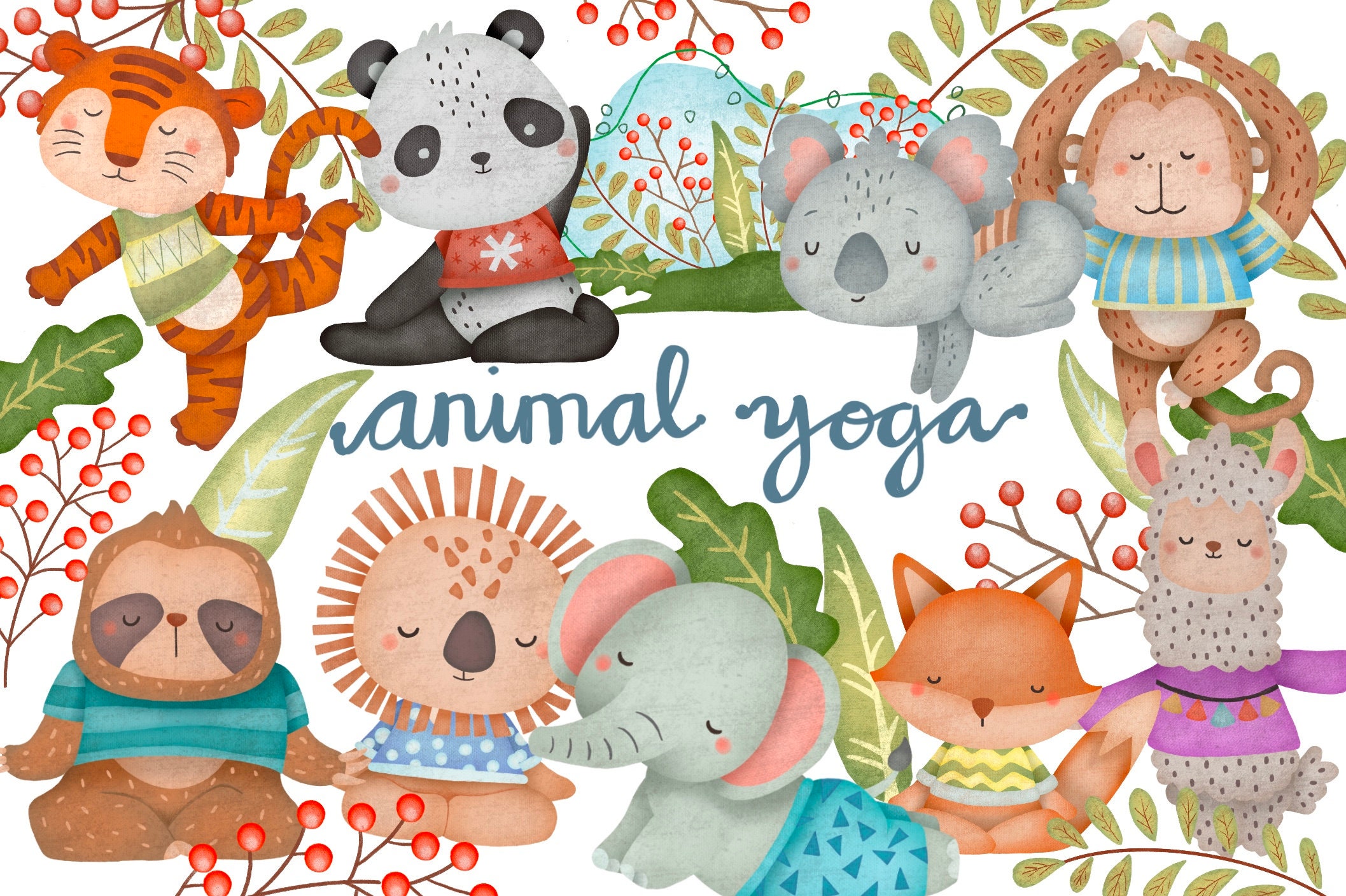 Animal Yoga Watercolor Clipart Cute Animals Clip Art Etsy