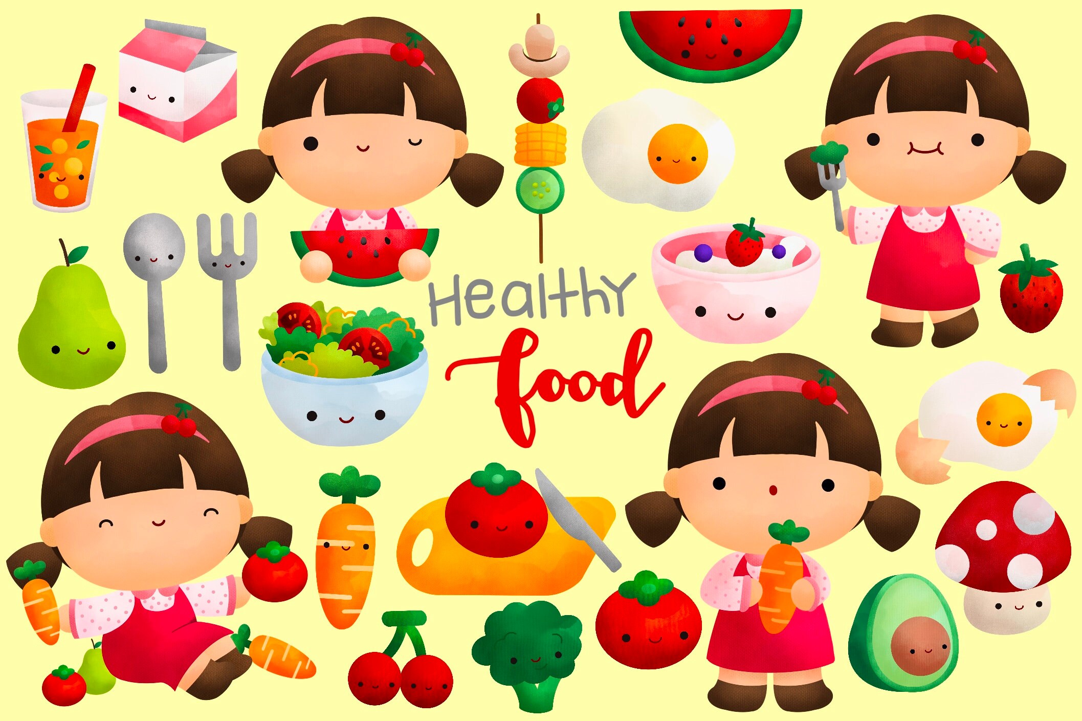 Healthy Food Clipart Cute Kids Clip Art Girl and Healthy - Etsy