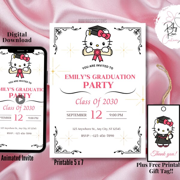 Kitty Graduation Party Invitation | Kawaii Graduation Invitation | Graduation Invitation 2024 Invite Grad Party Printable | Animated Invite