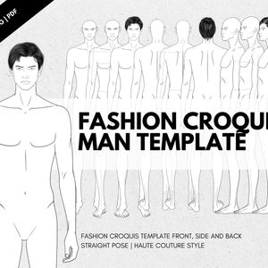 Fashion figure croquis template • Front, Side and back straight pose • PSD PDF PNG Procreate • Man 9 Head Figures • Haute Couture Style •