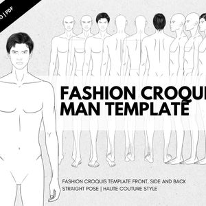Può includere: Un set di otto modelli di croquis di moda per uomo in posa dritta. I modelli sono in vista frontale, laterale e posteriore. I modelli sono in stile haute couture.