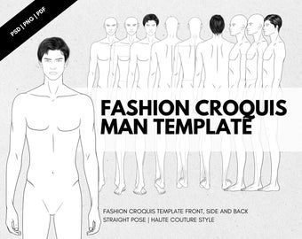 Fashion figure croquis template • Front, Side and back straight pose • PSD PDF PNG Procreate • Man 9 Head Figures • Haute Couture Style •