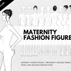 Può includere: Un set di nove disegni a linea di una donna incinta in diverse pose. I disegni mostrano la donna di fronte, di lato e di spalle, e includono diverse fasi della gravidanza. Il testo "MATERNITY FASHION FIGURE" è scritto in grassetto nella parte superiore dell'immagine.