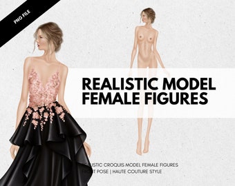 Realistic model female figures • Colored croquis template • PNG file background less • Front pose Haute Couture Style • Straight pose female