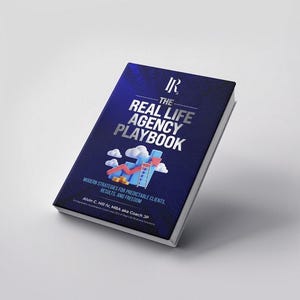 May include: A hardcover book titled "The Real Life Agency Playbook" with a dark blue cover. The title is in silver lettering, with a graphic of a rising arrow and clouds. The book's author is Alvin C. Hill IV, MBA.