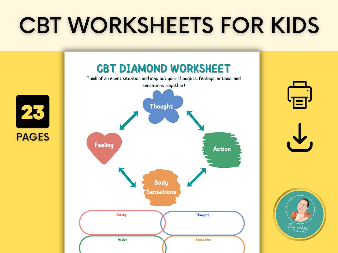 23 CBT Worksheets for Kids, Reflection Sheets, Thought Record, CBT