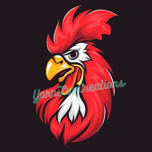 May include: A stylized illustration of a rooster's head, featuring vibrant red plumage and a yellow beak. The rooster has a stern expression, with a white patch under its beak. The text "Yarn City Creations" is in the lower left corner, set against a black background.