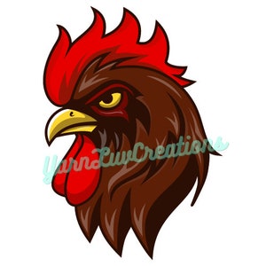 May include: A cartoon illustration of a rooster's head with a red comb and wattle, brown feathers, and a yellow beak. The rooster is looking to the right.