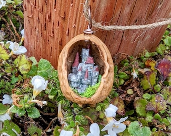Real Walnut Shell Miniature Fairy Castle Ornament. Tiny Little Fairy Kingdom Neslted in a Nut
