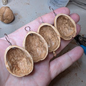 May include: Four hollowed-out walnut shell halves, each fitted with a silver-toned metal wire loop at the top. The shells are light brown with textured, uneven interiors, arranged in a row to function as pendants or decorative hanging ornaments.