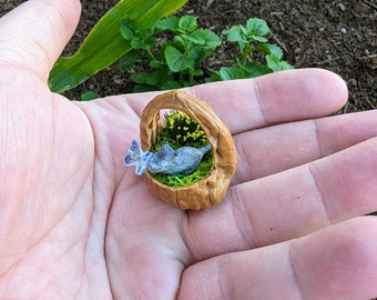 Real Walnut Shell Fairy Basket with a little Siamese Cat playing with a Butterfly