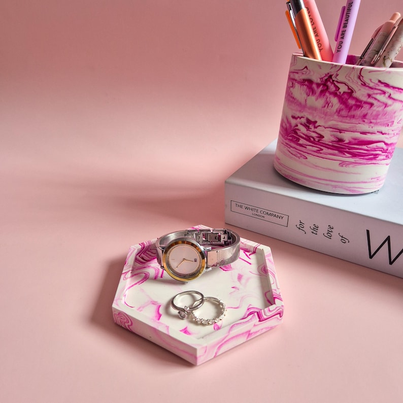 Half terrazzo vivid pink pen pot, marble toothbrush makeup brush holder, desk accessory, unique berry home gift for her, aesthetic room deco image 10
