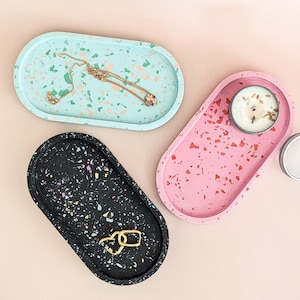 Spring colourful terrazzo oval trinket trays, decorative candle trays, jewellery dishes, office decor