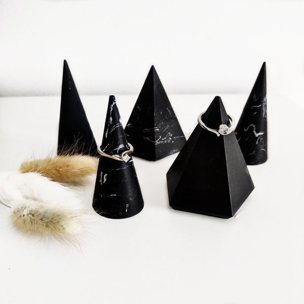 Ring holder cone, jewellery display, marble elegant black, minimalist aesthetic room decor, engagement ring holder, diamond shaped, concrete