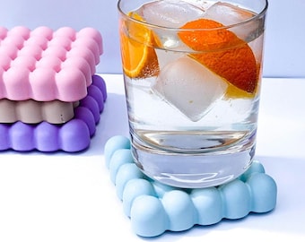 Square bubble coasters, cute colourful summer coasters, aesthetic barware accessories