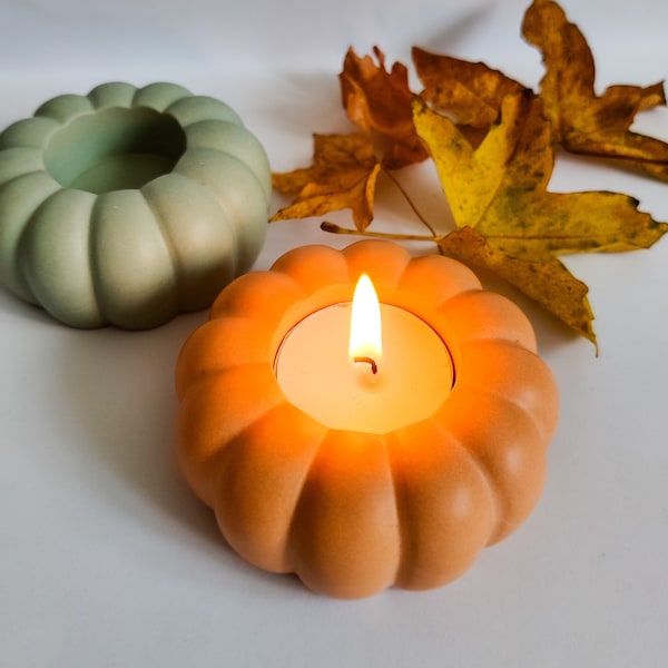 Pumpkin tealight candle holder for autumn home decor table, orange and sage green candle holders gift for new home, halloween decorations