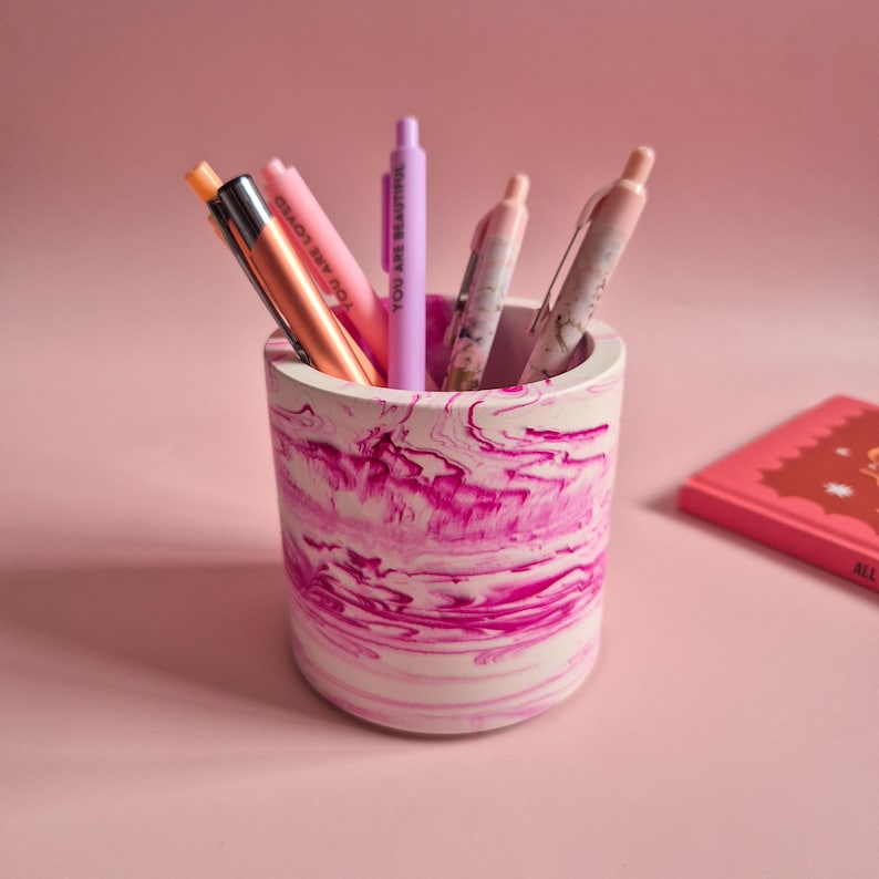 Half terrazzo vivid pink pen pot, marble toothbrush makeup brush holder, desk accessory, unique berry home gift for her, aesthetic room deco image 12