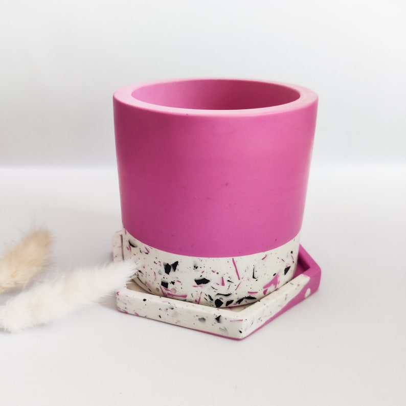Vivid pink half terrazzo plant pot with tray