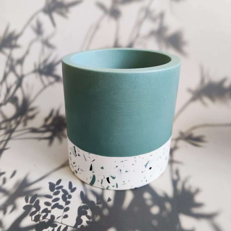 Teal pen pot/ toothbrush holder, half terrazzo white with teal and black speckles