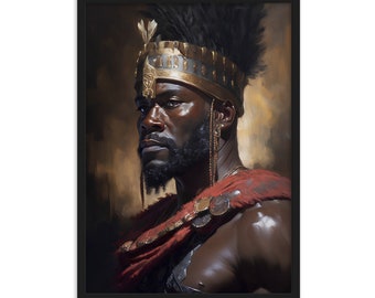 Puede incluir: Una pintura de un hombre negro que lleva una corona dorada con plumas y una túnica roja y dorada. Tiene barba y mira hacia un lado.