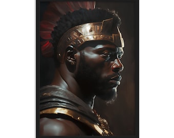 Puede incluir: Un retrato de cerca de una persona que lleva un casco dorado y rojo con plumas. La persona tiene una tez oscura y barba. El fondo es oscuro.