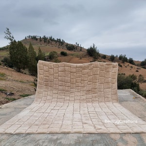 Beige Moroccan Rug, Checkered Rug Beni Mirart Rug, Unique Beni Ourain, New Berber Design, Hand Knotted, Wool Moroccan Rug