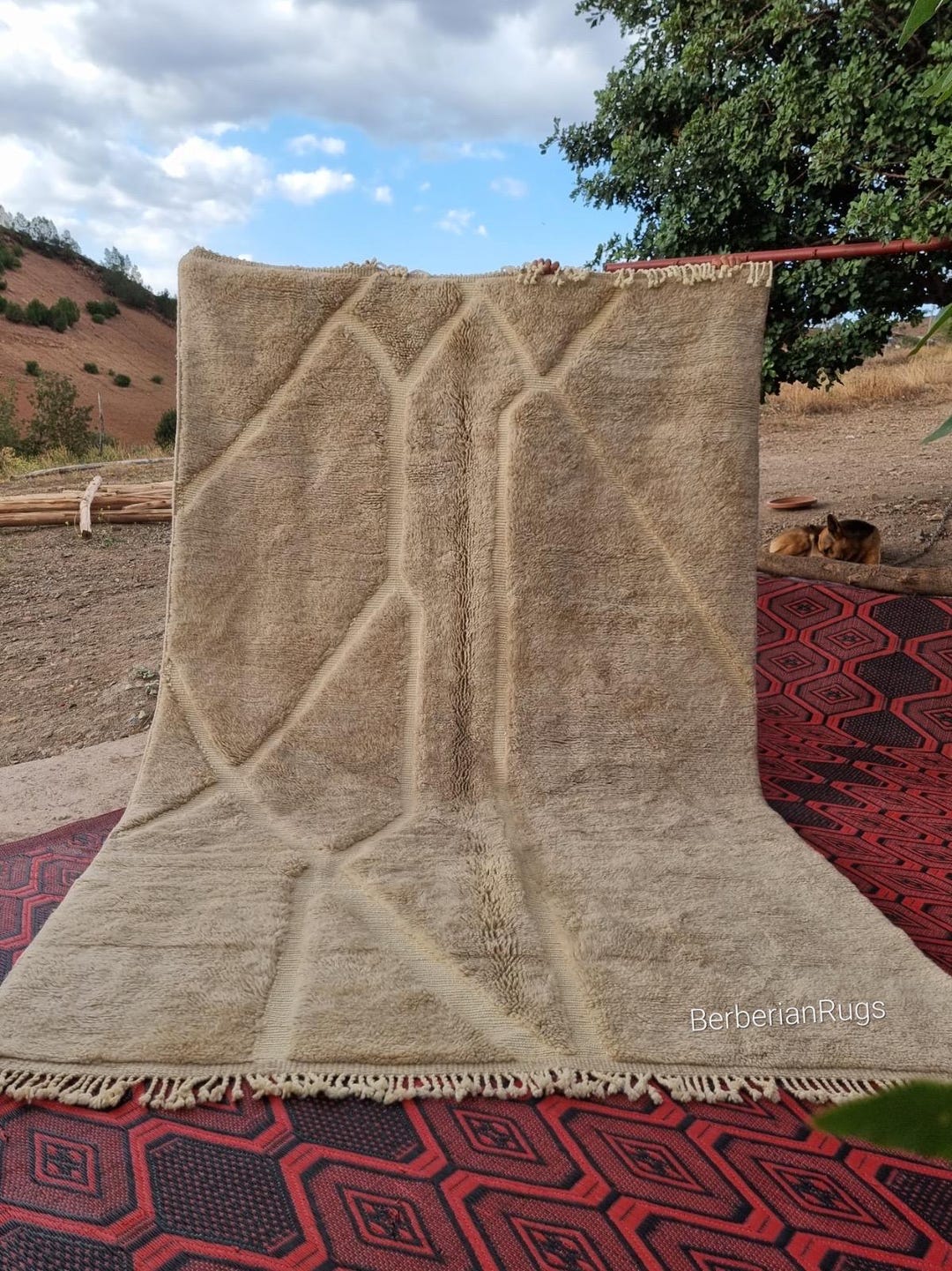 Handmade Moroccan Wool Rug, Beni Mrirt Style, Beige Geometric Design ...