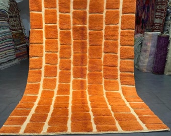 Hand Knotted Moroccan Beni Ourain Rug, Light Orange Checkerboard, Handmade Wool Carpet (8x10)