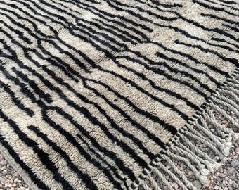 Handwoven Beni M’rirt Wool Rug, Black and Taupe Stripes, Moroccan Living Room Carpet