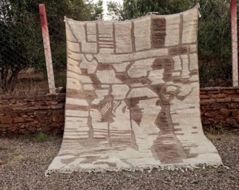 Alfombra Beni M'rirt tejida a mano, alfombra bereber blanca y marrón, decoración marroquí.