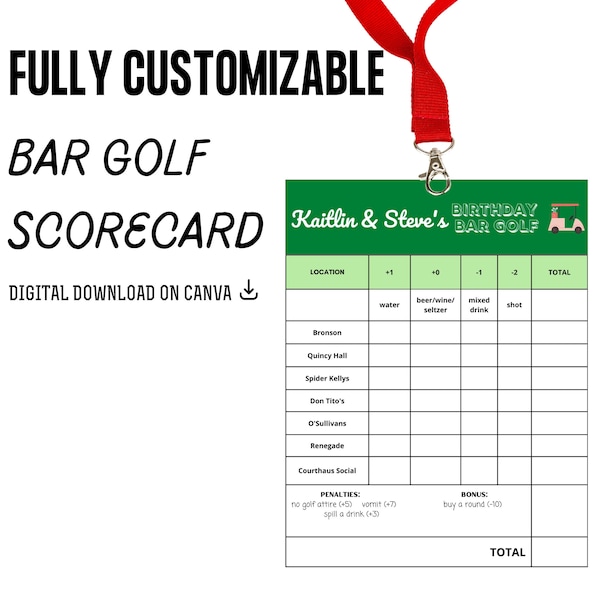 Bar Golf Score Card, for Bar Hopping, Birthdays, any Party!