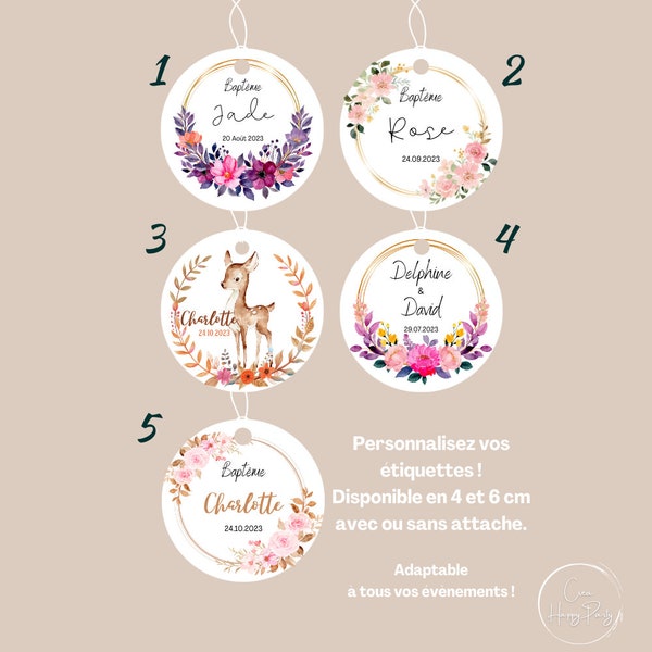 Lot d'Etiquettes perforées, avec ou sans attache, pour mariage, baptême, anniversaire, naissance, evjf, communion...