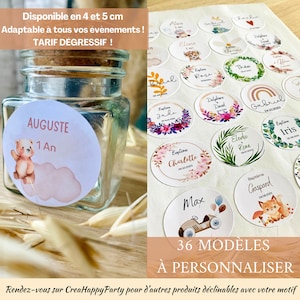 Etiquettes Autocollantes personnalisées (dégressif) 4 cm et 5 cm, pour mariage, baptême, anniversaire, naissance, communion...